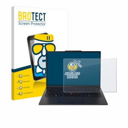 Parte frontal de un envase de producto con el logotipo de la marca BROTECT. Al lado se muestra el dispositivo Lenovo ThinkPad 