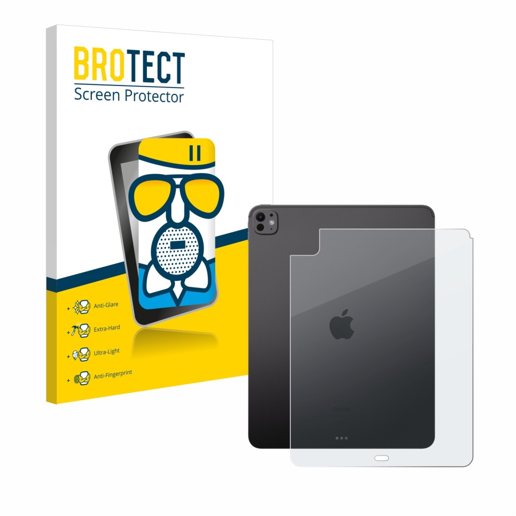 Face avant d’un emballage produit avec le logo de la marque BROTECT. À côté, l’appareil Apple iPad Pro 13