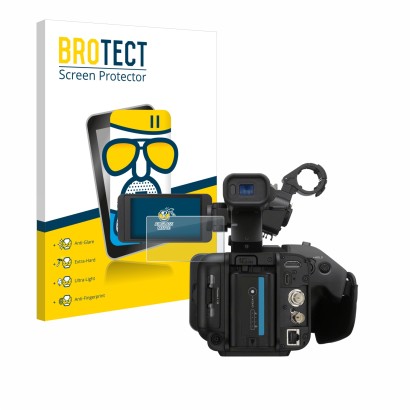 Vorderseite einer Produktverpackung mit dem Markenlogo BROTECT. Daneben ist das Gerät Sony PXW-Z200 mit dem zugehörigen Displa