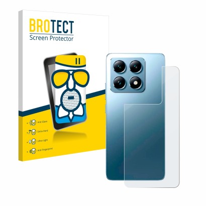 Face avant d’un emballage produit avec le logo de la marque BROTECT. À côté, l’appareil Xiaomi 14T Pro (Arrière) est représent