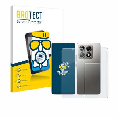 Vorderseite einer Produktverpackung mit dem Markenlogo BROTECT. Daneben ist das Gerät Xiaomi 14T Pro (Display+Rückseite) mit d