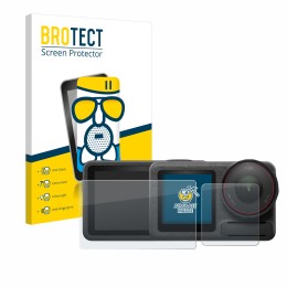 Face avant d’un emballage produit avec le logo de la marque BROTECT. À côté, l’appareil DJI Osmo Action 5 Pro est représenté a