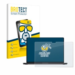 Parte frontal de un envase de producto con el logotipo de la marca BROTECT. Al lado se muestra el dispositivo Apple MacBook Pr