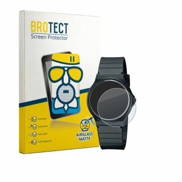 Front side of a product packaging with the brand logo BROTECT. Next to it is the device Casio Collection MQ-24 shown with the 