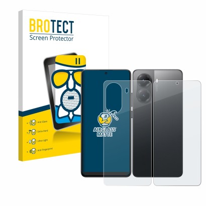 Face avant d’un emballage produit avec le logo de la marque BROTECT. À côté, l’appareil Xiaomi Poco X7 Pro (Avant+Arrière) est