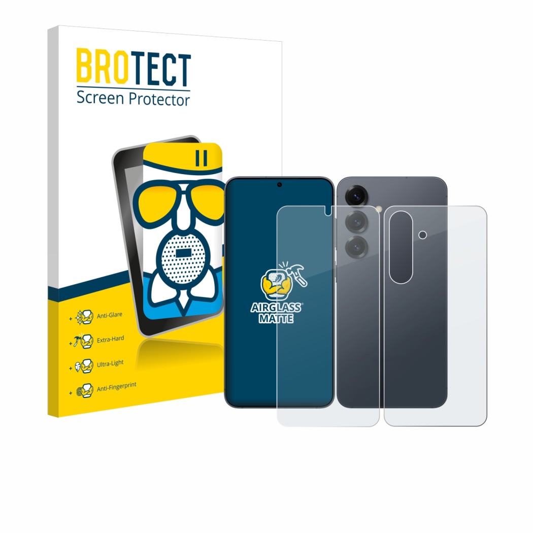 Front side of a product packaging with the brand logo BROTECT. Next to it is the device Samsung Galaxy S25 (Front+Back) shown 
