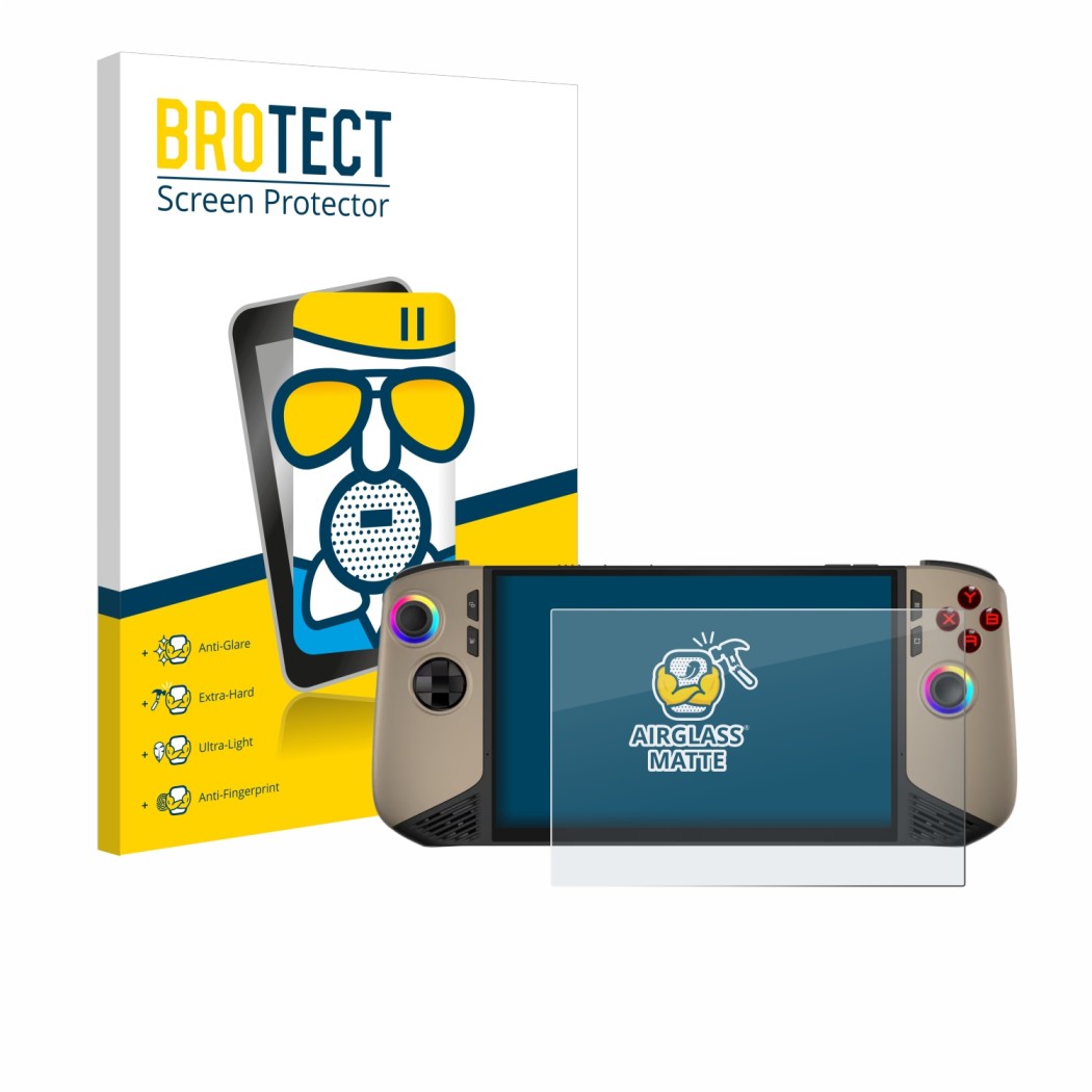 Face avant d’un emballage produit avec le logo de la marque BROTECT. À côté, l’appareil MSI Claw 8 AI+ est représenté avec la