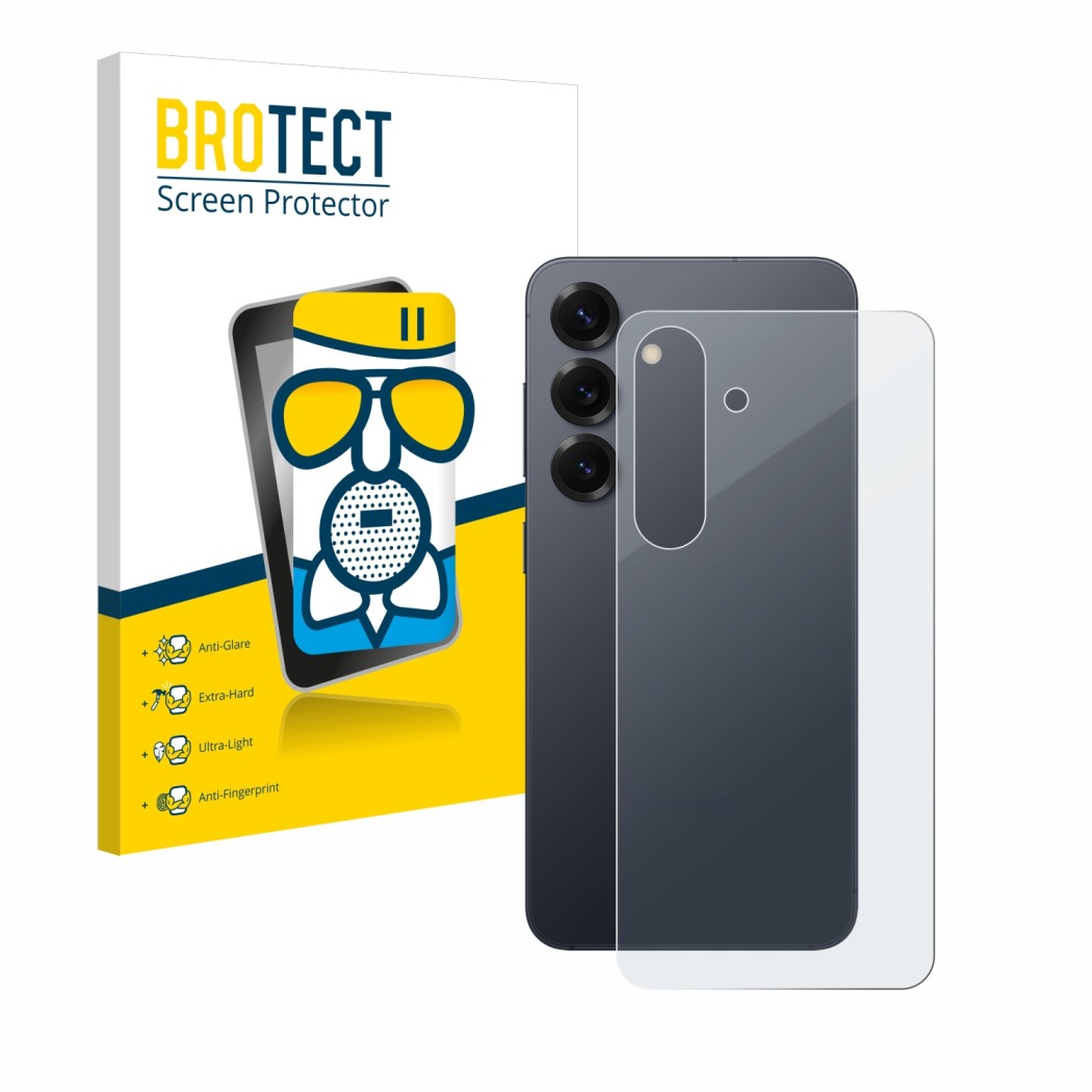 Front side of a product packaging with the brand logo BROTECT. Next to it is the device Samsung Galaxy S25 Enterprise Edition 