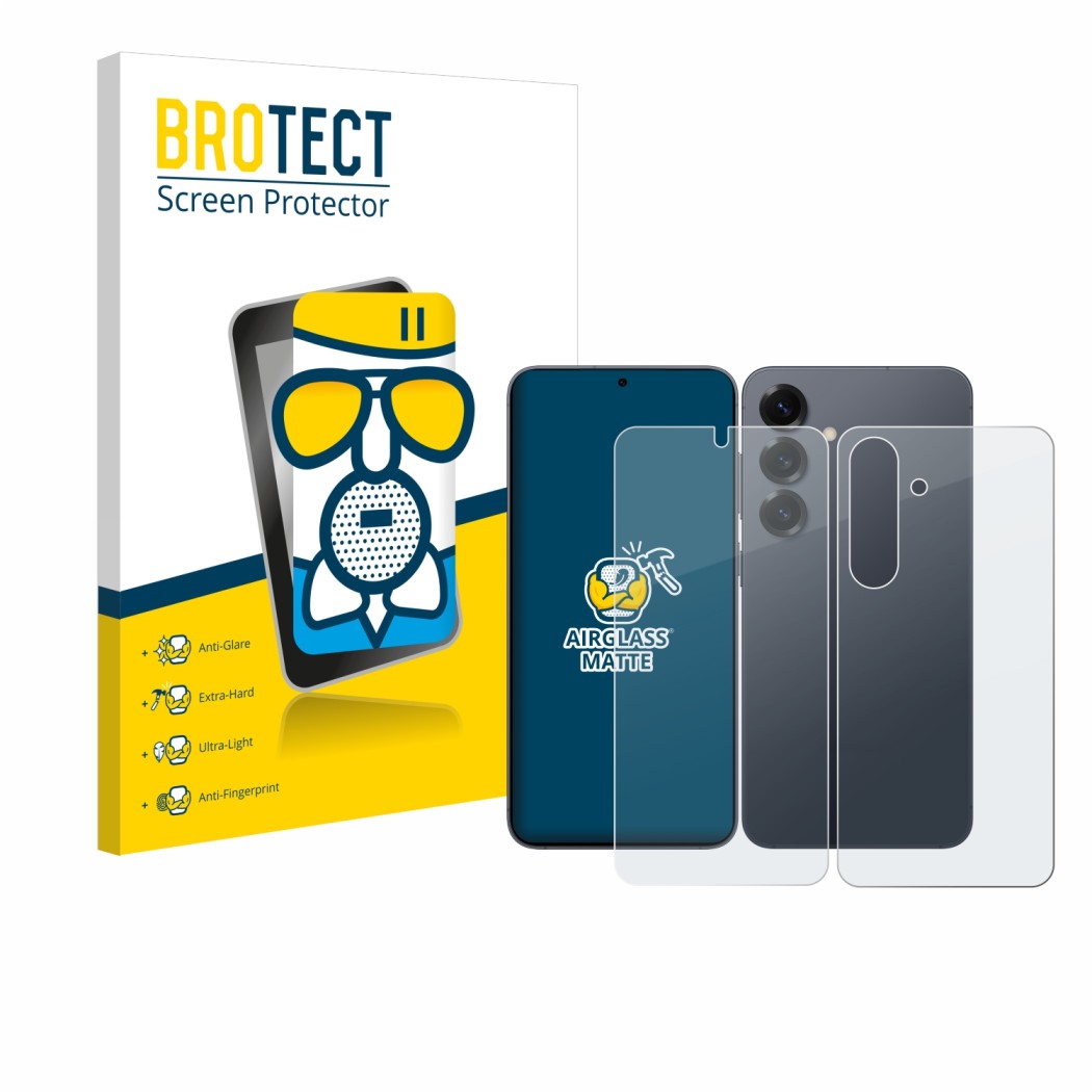 Parte frontal de un envase de producto con el logotipo de la marca BROTECT. Al lado se muestra el dispositivo Samsung Galaxy S
