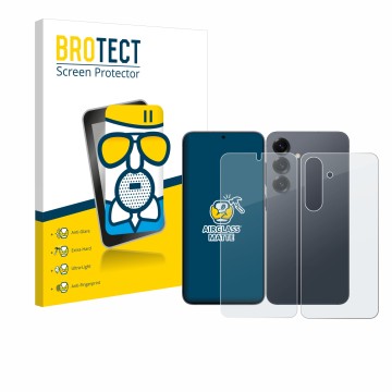 Parte frontal de un envase de producto con el logotipo de la marca BROTECT. Al lado se muestra el dispositivo Samsung Galaxy S