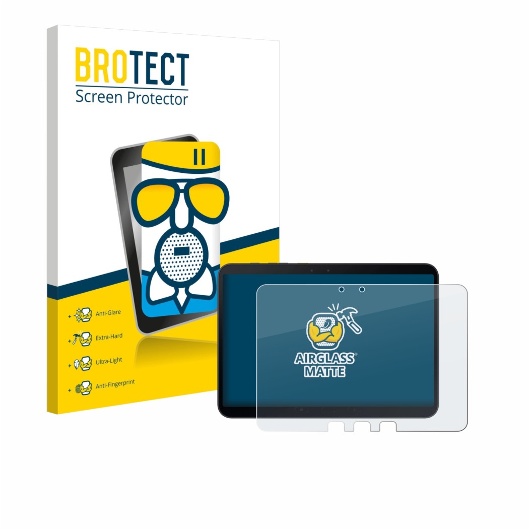 Vorderseite einer Produktverpackung mit dem Markenlogo BROTECT. Daneben ist das Gerät Samsung Galaxy Tab Active 5 Pro (im Quer