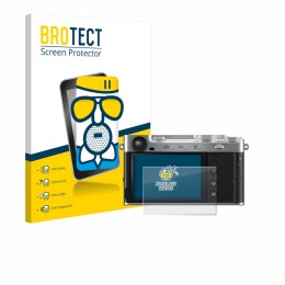 Front side of a product packaging with the brand logo BROTECT. Next to it is the device Fujifilm X-E5 shown with the correspon