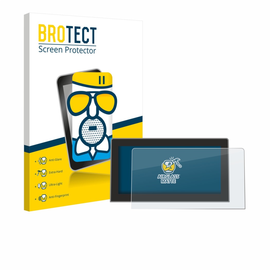 Front side of a product packaging with the brand logo BROTECT. Next to it is the device Volkswagen Golf MK8.5 12.9