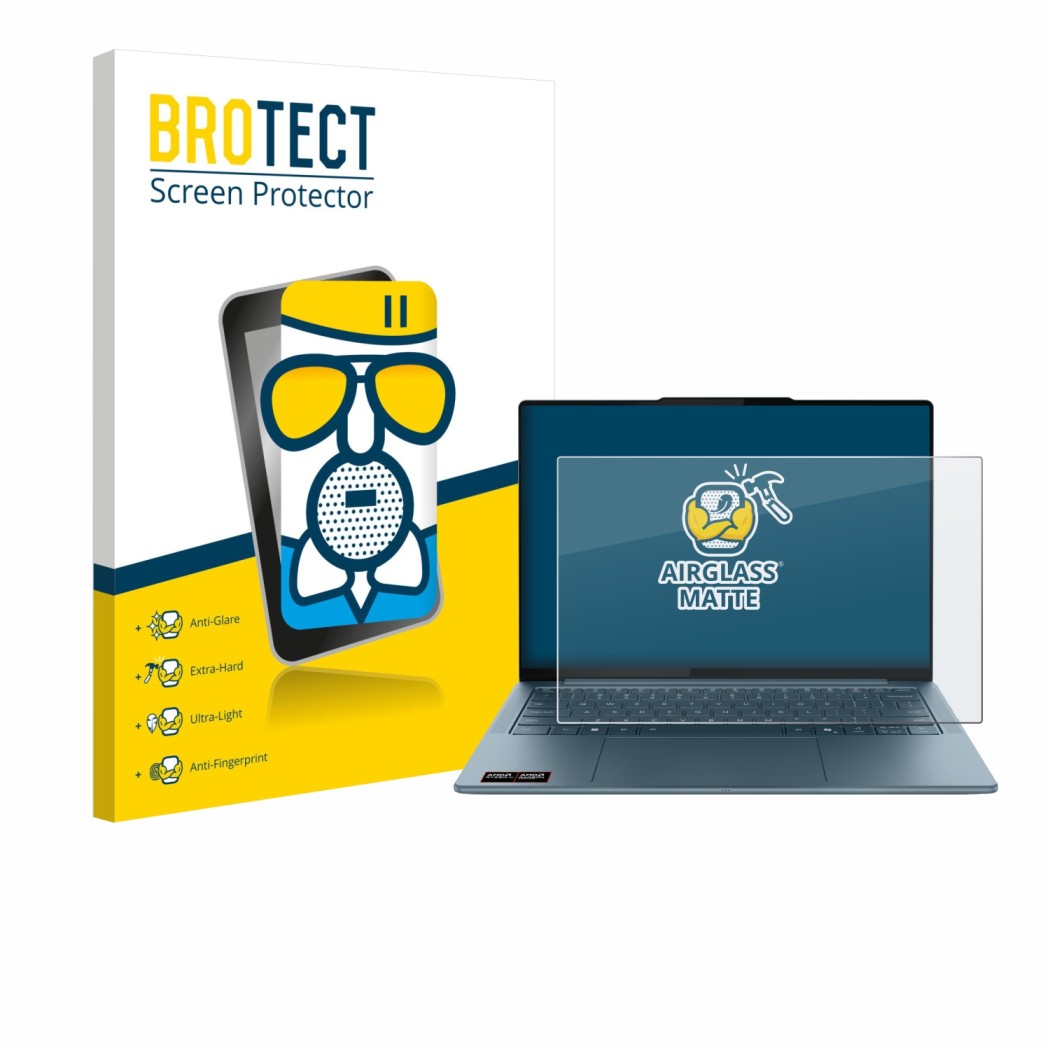 Parte frontal de un envase de producto con el logotipo de la marca BROTECT. Al lado se muestra el dispositivo Lenovo Yoga Slim