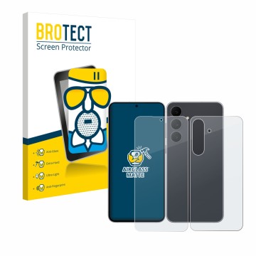 Front side of a product packaging with the brand logo BROTECT. Next to it is the device Samsung Galaxy S25 FE (Front+Back) sho