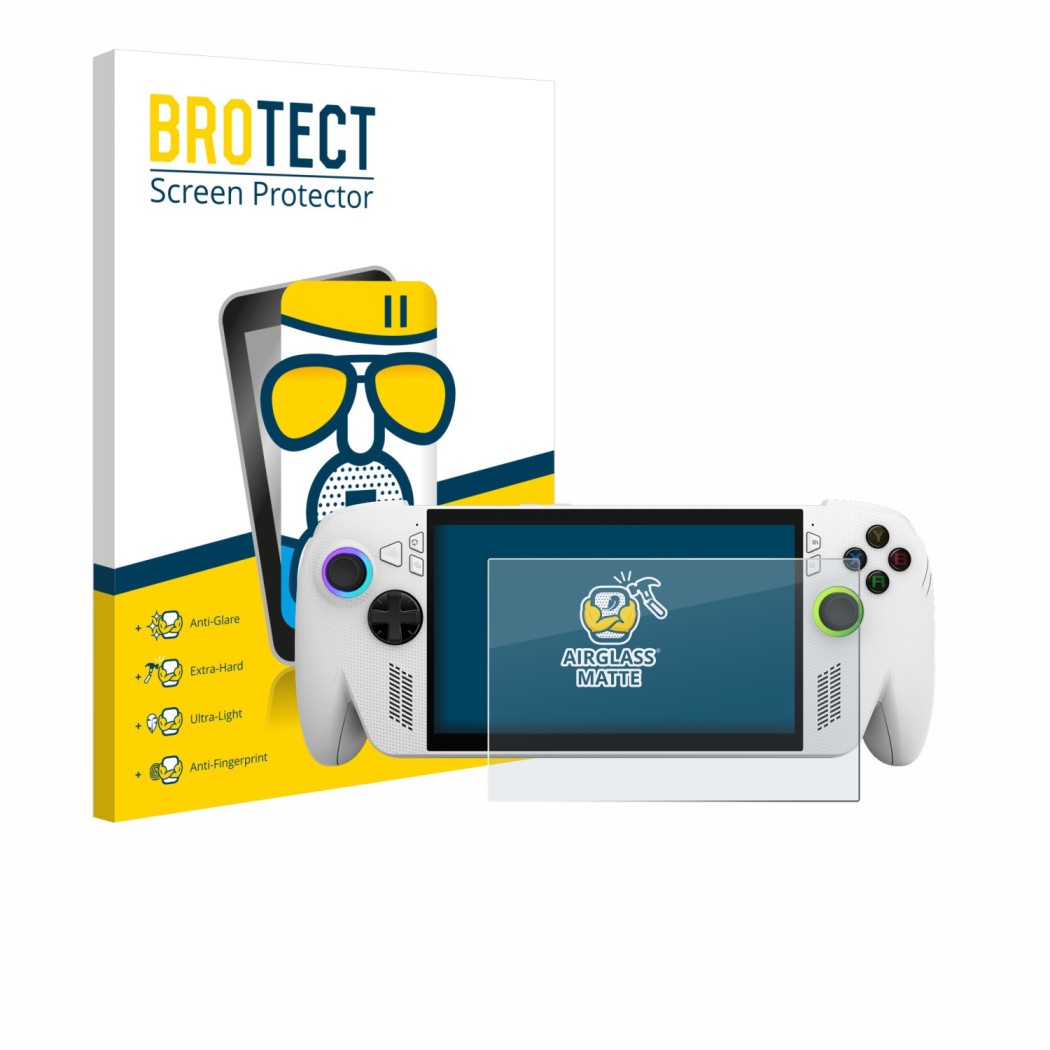 Front side of a product packaging with the brand logo BROTECT. Next to it is the device ASUS ROG Xbox Ally shown with the corr