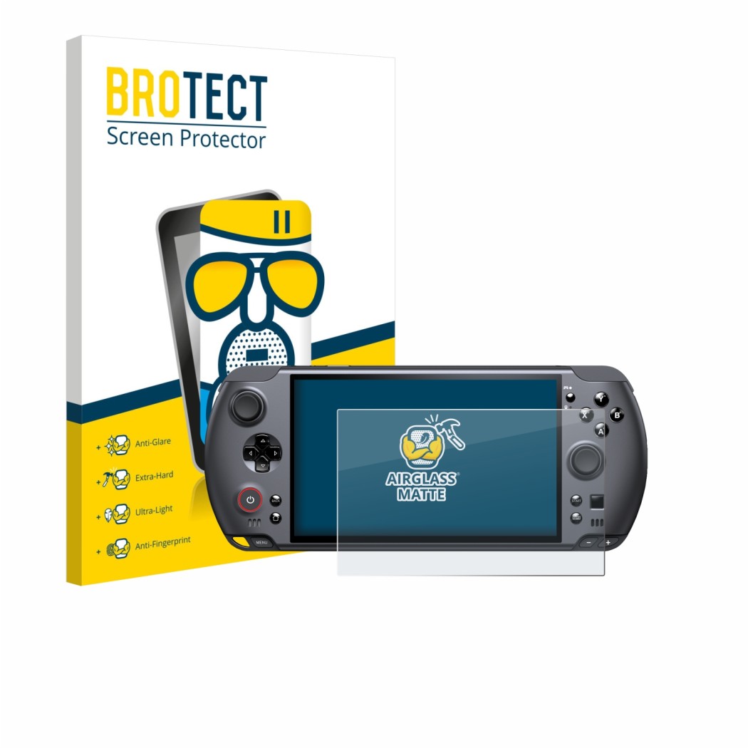 Parte frontale di una confezione del prodotto con il logo del marchio BROTECT. Accanto è raffigurato il dispositivo GPD Win 5