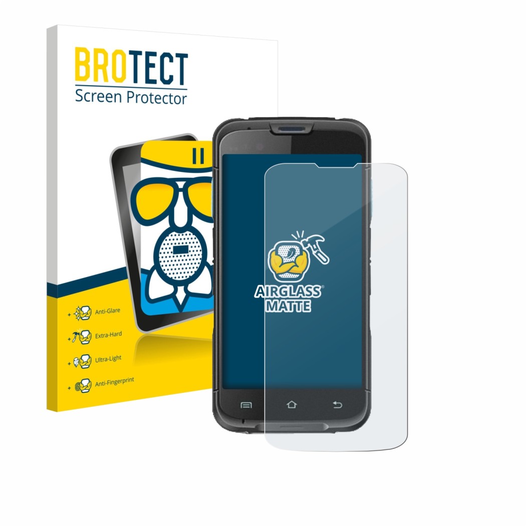 Front side of a product packaging with the brand logo BROTECT. Next to it is the device Unitech EA602 shown with the correspon