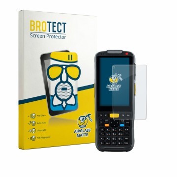 Front side of a product packaging with the brand logo BROTECT. Next to it is the device Newland PT60 Narvalo shown with the co