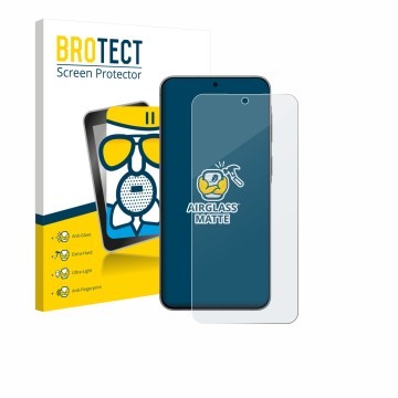 Front side of a product packaging with the brand logo BROTECT. Next to it is the device Samsung Galaxy A57 5G shown with the c