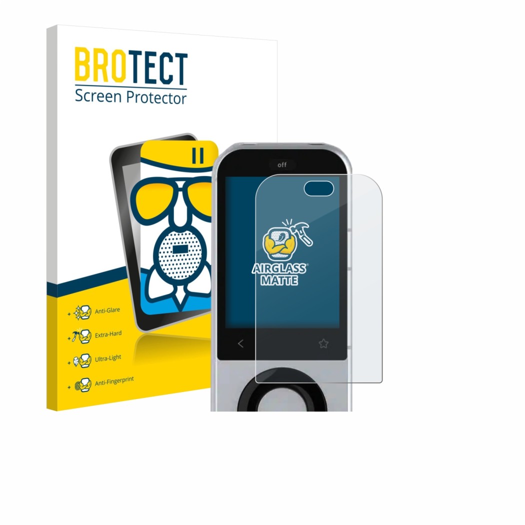 Front side of a product packaging with the brand logo BROTECT. Next to it is the device Sofabaton X2 shown with the correspond