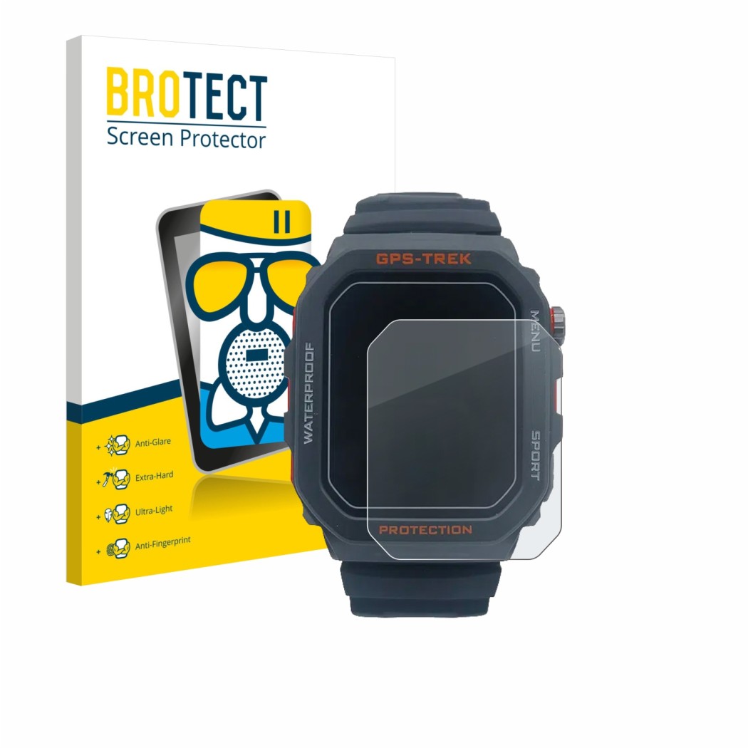 Vorderseite einer Produktverpackung mit dem Markenlogo BROTECT. Daneben ist das Gerät Banlvs Smartwatch 1.73