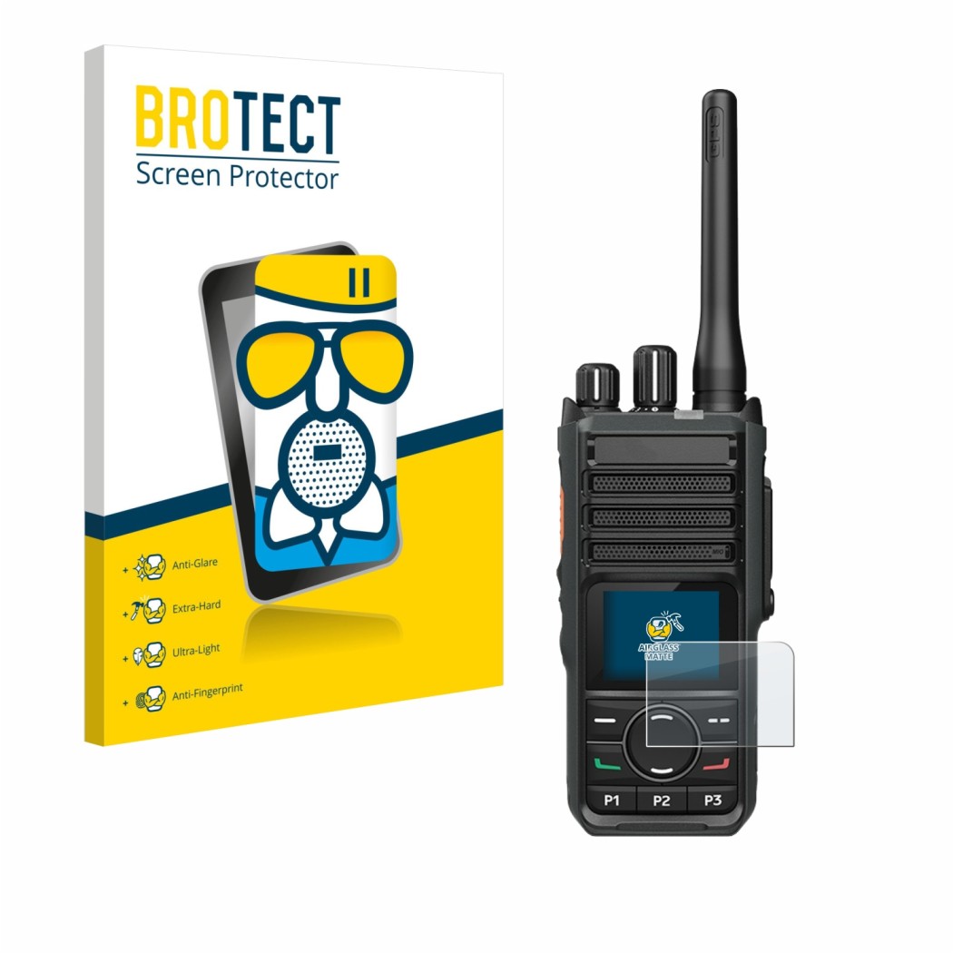 Parte frontal de un envase de producto con el logotipo de la marca BROTECT. Al lado se muestra el dispositivo Hytera HP565 con