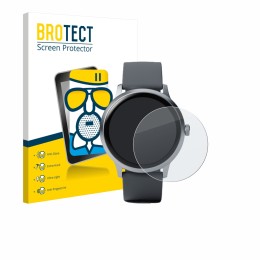 Face avant d’un emballage produit avec le logo de la marque BROTECT. À côté, l’appareil Pebble Round 2 est représenté avec la 