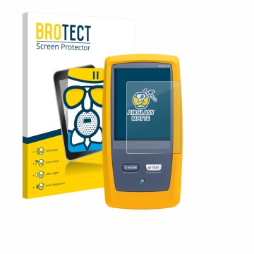 Front side of a product packaging with the brand logo BROTECT. Next to it is the device Fluke DSX8000 shown with the correspon
