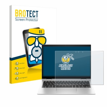 Face avant d’un emballage produit avec le logo de la marque BROTECT. À côté, l’appareil HP Elite x360 830 G10 2-in-1 est repré