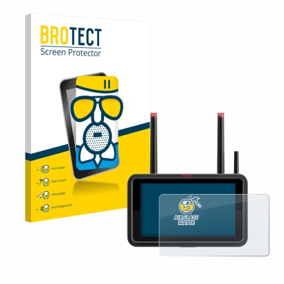 Parte frontal de un envase de producto con el logotipo de la marca BROTECT. Al lado se muestra el dispositivo Atomos Ninja TX 