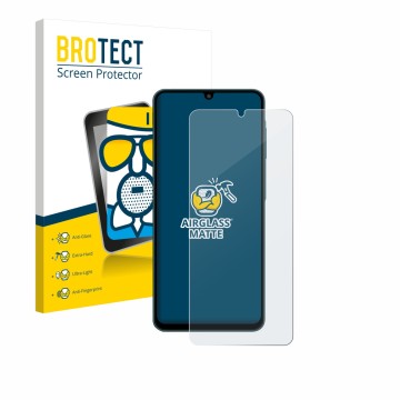 Face avant d’un emballage produit avec le logo de la marque BROTECT. À côté, l’appareil Samsung Galaxy F07 est représenté avec