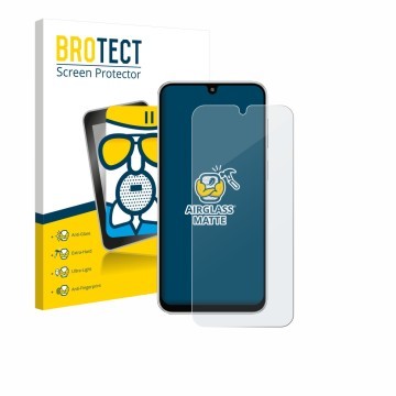 Face avant d’un emballage produit avec le logo de la marque BROTECT. À côté, l’appareil Samsung Galaxy M36 est représenté avec