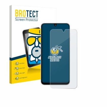 Parte frontal de un envase de producto con el logotipo de la marca BROTECT. Al lado se muestra el dispositivo Samsung Galaxy M