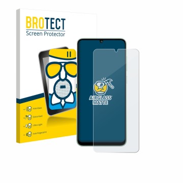 Parte frontal de un envase de producto con el logotipo de la marca BROTECT. Al lado se muestra el dispositivo Samsung Galaxy M