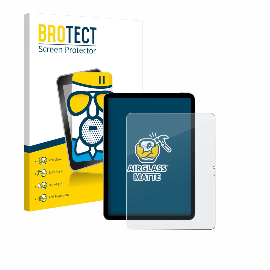 Face avant d’un emballage produit avec le logo de la marque BROTECT. À côté, l’appareil Apple iPad Air 13