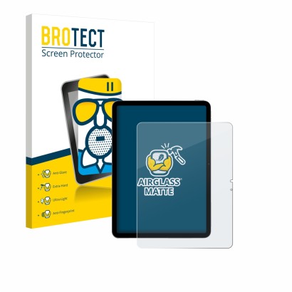 Face avant d’un emballage produit avec le logo de la marque BROTECT. À côté, l’appareil Apple iPad Air 13" M4 2026 (portrait) 