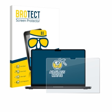 Front side of a product packaging with the brand logo BROTECT. Next to it is the device Apple MacBook Pro 16