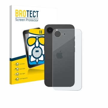 Front side of a product packaging with the brand logo BROTECT. Next to it is the device Apple iPhone 17e (Back) shown with the