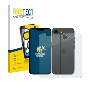 Front side of a product packaging with the brand logo BROTECT. Next to it is the device Apple iPhone 17e (Front+Back) shown wi