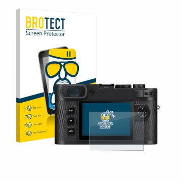 Face avant d’un emballage produit avec le logo de la marque BROTECT. À côté, l’appareil Leica M EV1 est représenté avec la pro