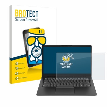 Parte frontale di una confezione del prodotto con il logo del marchio BROTECT. Accanto è raffigurato il dispositivo Lenovo V14