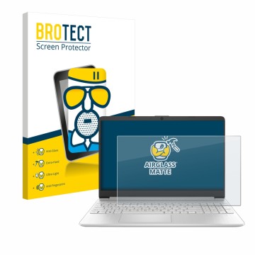 Parte frontal de un envase de producto con el logotipo de la marca BROTECT. Al lado se muestra el dispositivo HP 15s-fq2000 co