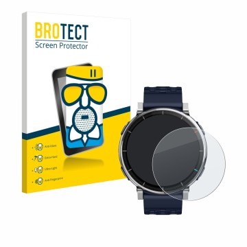 Face avant d’un emballage produit avec le logo de la marque BROTECT. À côté, l’appareil Amazfit Active 3 Premium est représent