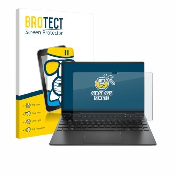 Parte frontal de un envase de producto con el logotipo de la marca BROTECT. Al lado se muestra el dispositivo HP Envy x360 Con