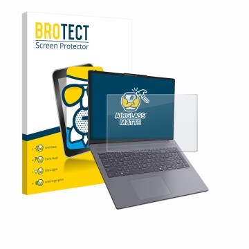 Parte frontal de un envase de producto con el logotipo de la marca BROTECT. Al lado se muestra el dispositivo Lenovo IdeaPad S