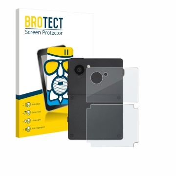 Vorderseite einer Produktverpackung mit dem Markenlogo BROTECT. Daneben ist das Gerät Light Phone 3 (Rückseite) mit dem zugehö