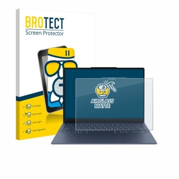 Parte frontal de un envase de producto con el logotipo de la marca BROTECT. Al lado se muestra el dispositivo Lenovo Yoga Slim