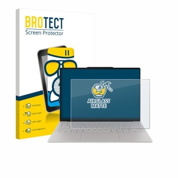 Parte frontal de un envase de producto con el logotipo de la marca BROTECT. Al lado se muestra el dispositivo Lenovo Yoga Slim