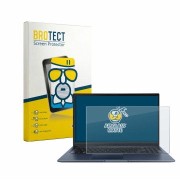 Vorderseite einer Produktverpackung mit dem Markenlogo BROTECT. Daneben ist das Gerät ASUS Vivobook 15 M1502YA mit dem zugehör